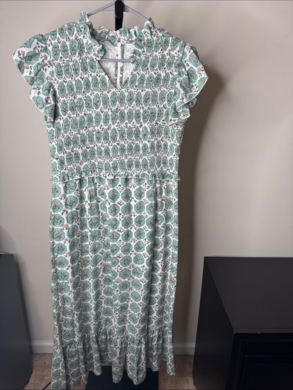 Smocked Ruffle Cap-Sleeve Maxi Dress in Mint Floral